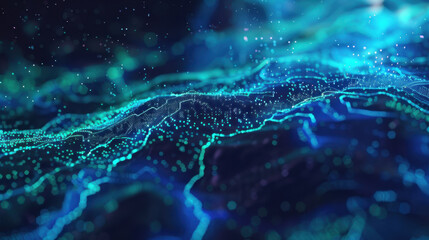 Digital landscape with glowing particles and waves in blue tones