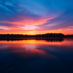 Obraz premium Tranquil Sunset Over Calm Lake Reflecting Vibrant Sky