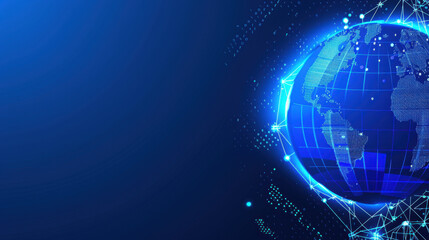 Obraz premium digital globe with blue network design, representing global connectivity and technology. background features dark blue gradient with abstract data points