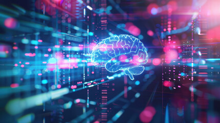 digital representation of brain surrounded by vibrant data streams, symbolizing artificial intelligence and technology. colorful lights create futuristic atmosphere