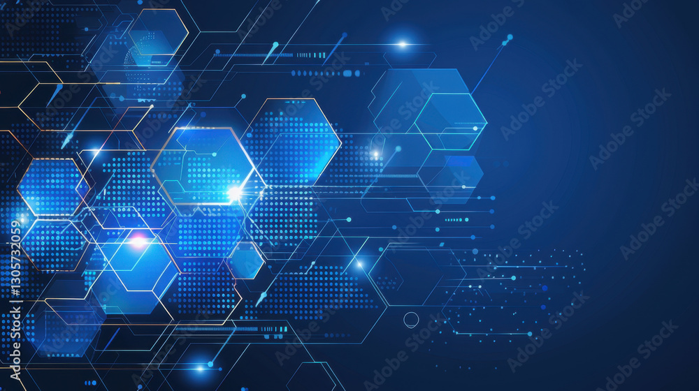 Poster futuristic digital background featuring hexagonal shapes and glowing elements in blue tones, ideal f