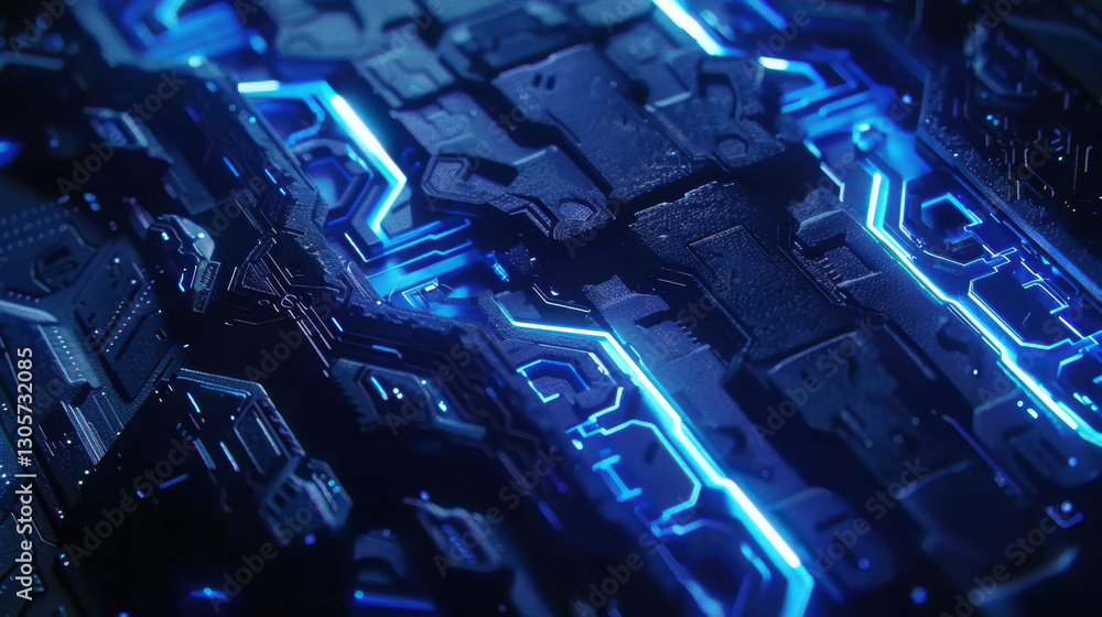 Poster futuristic circuit board with glowing blue lines and intricate patterns, showcasing technology and i