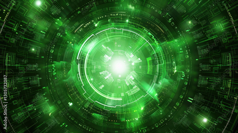 Poster abstract green digital technology background with glowing circular patterns, representing data flow 