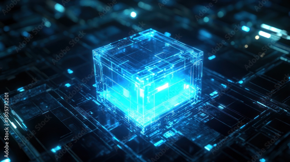 Poster quantum computing, a luminous cube in the digital realm, representing advanced technology