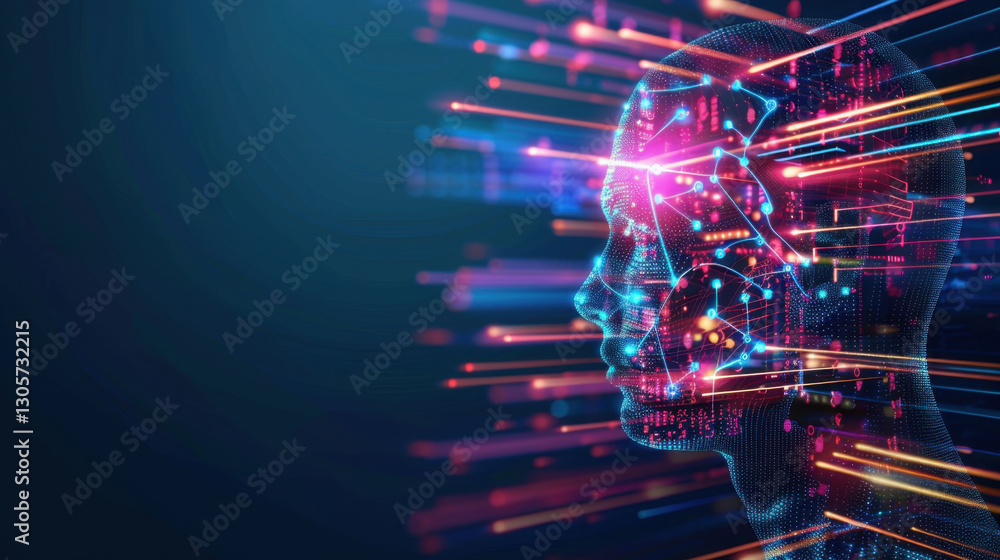 Poster digital representation of human head with vibrant data streams, symbolizing artificial intelligence 