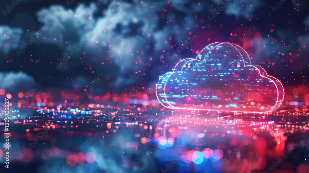 Poster digital cloud technology with glowing effects and abstract background