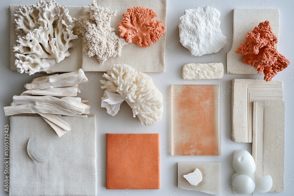 Poster flat lay of various coral-like objects and textured materials in beige and orange hues.
