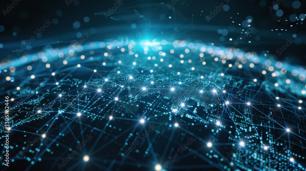 Poster digital network visualization with glowing connections and nodes, representing global connectivity a