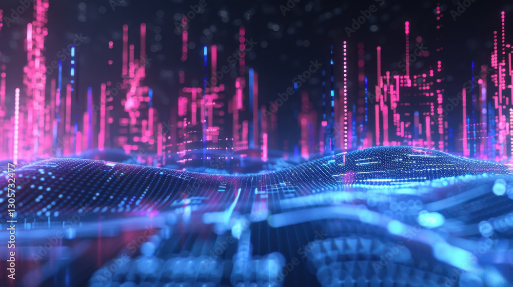 Poster vibrant digital landscape with glowing data points and waves, showcasing technology and innovation. 