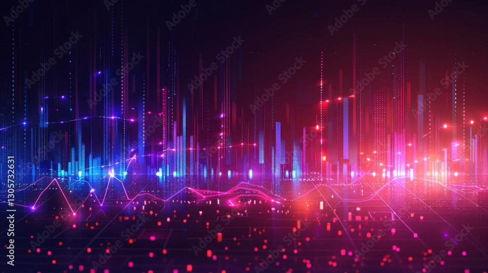 Poster vibrant digital landscape with colorful data visualizations and waveforms, representing technology a