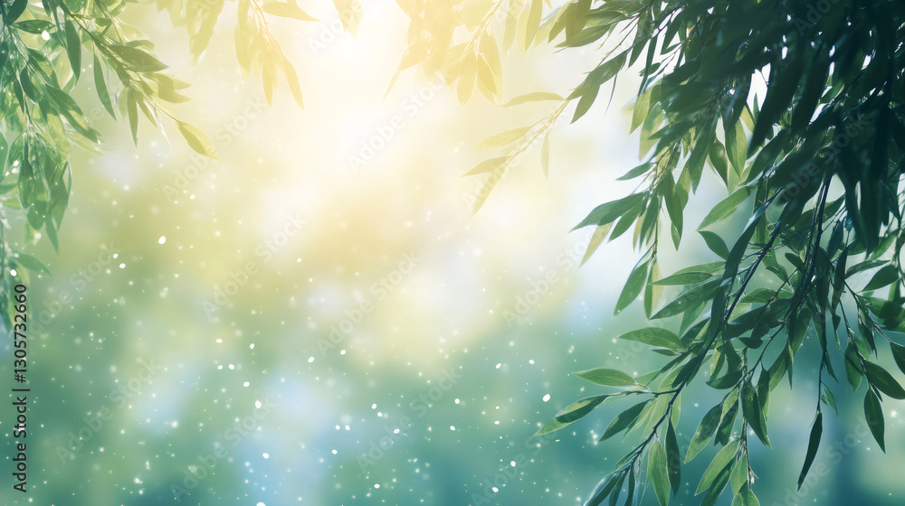 Poster green leaves frame a blurred natural background with sunlight filtering through, creating a fresh sp