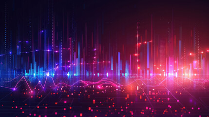 vibrant digital landscape with colorful data visualizations and waveforms, representing technology and innovation. scene evokes sense of energy and progress