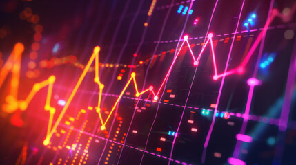 Visualize vibrant data trends with colorful graphs and charts. This showcases dynamic representation of financial data, featuring bright lines and dots against dark background, evoking sense of