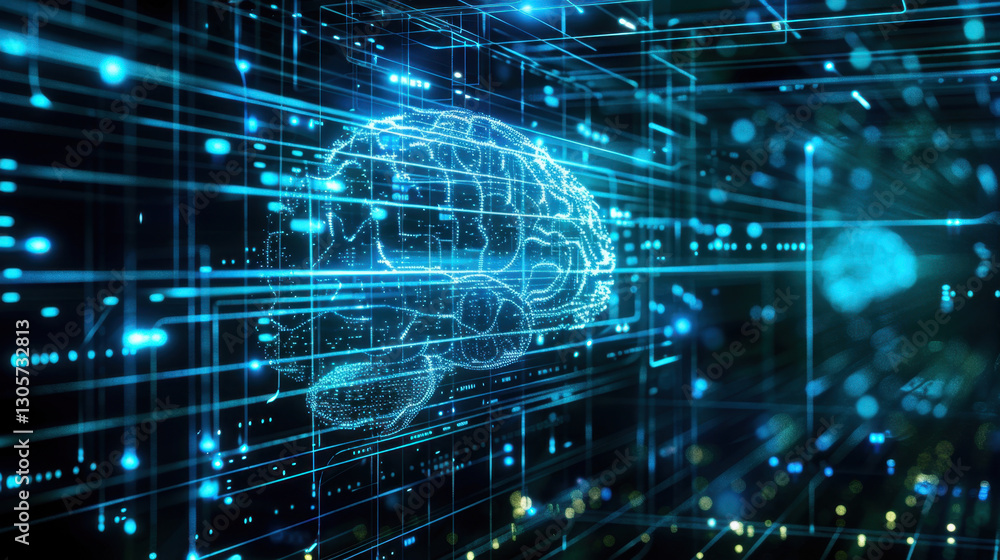 Poster digital brain illustration with glowing lines and data streams, representing artificial intelligence