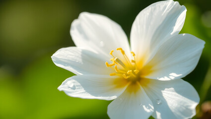 a close-up of a delicate white flower with a bright yellow center. It's set against a blurred green background