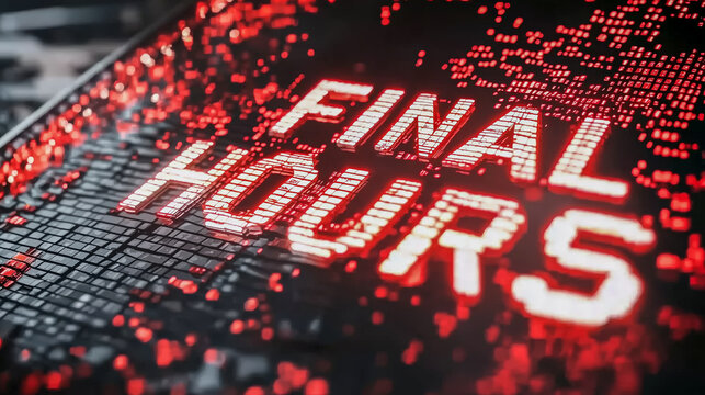 Countdown Intensity: A close-up view of a digital display illuminates "FINAL HOURS" in stark red against a dark, futuristic backdrop. The visual embodies urgency, anticipation. - Powered by Adobe