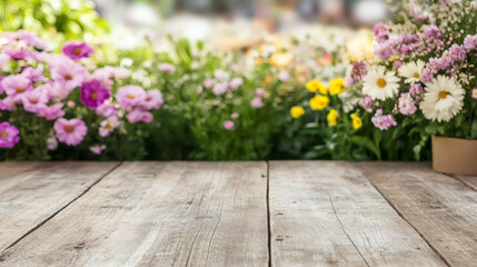 Empty wooden table in focus with blurred garden flowers in the background, ideal for product placement