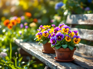 Sunlit garden bench with vibrant potted pansy flowers in spring.