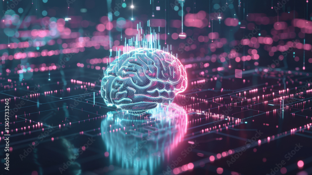 Poster digital brain surrounded by glowing data points and circuits, representing artificial intelligence a