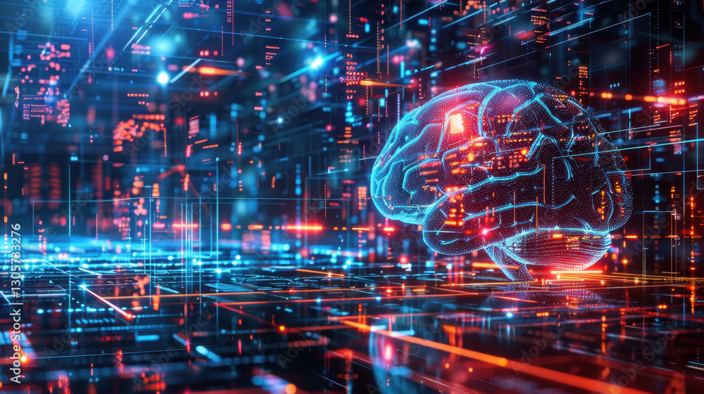 Poster digital brain in futuristic environment with glowing circuits and data streams, representing artific