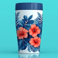 Obraz premium Tropical Hibiscus Travel Mug on Blue Background