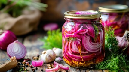 Pickled red onions in glass jars on rustic wooden table, culinary delight