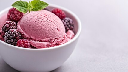 Berry Ice Cream with Frozen Berries and Fresh Mint in a White Bowl. Generative AI