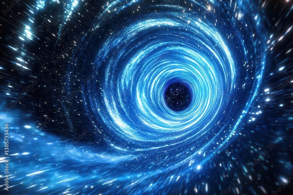 Wall mural cosmic wormhole tunnel with spiraling blue energy streams creating a vortex of light that pulls view