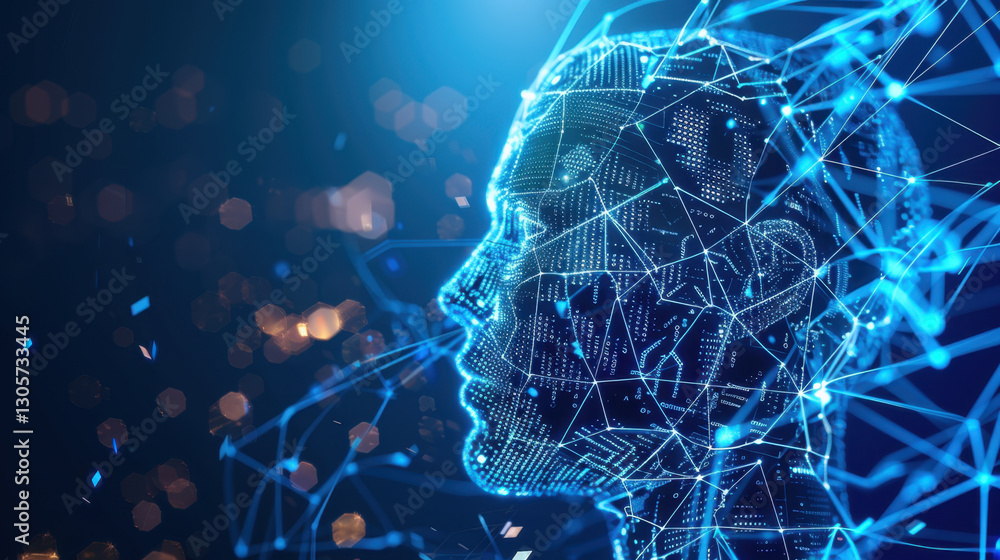 Poster digital human profile with glowing lines and dots, representing technology and artificial intelligen