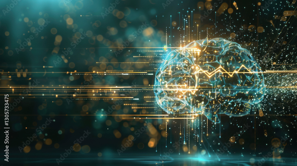 Poster digital representation of brain with glowing lines and data streams, symbolizing technology and inte