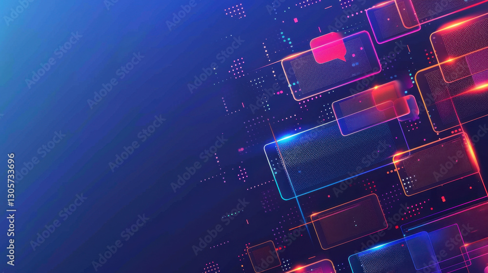 Poster abstract digital background with glowing rectangles and dots in blue and purple hues, creating moder