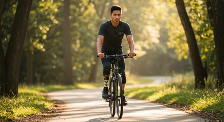 Athletic man with prosthetic leg cycling on a scenic trail embodying resilience