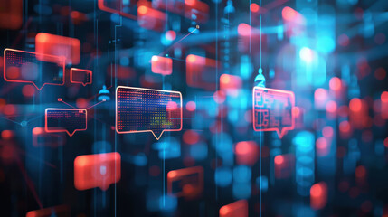 Digital communication concept with glowing chat bubbles and data streams