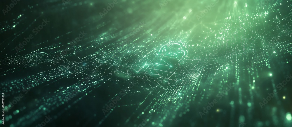 Poster abstract green digital network background with glowing particles.