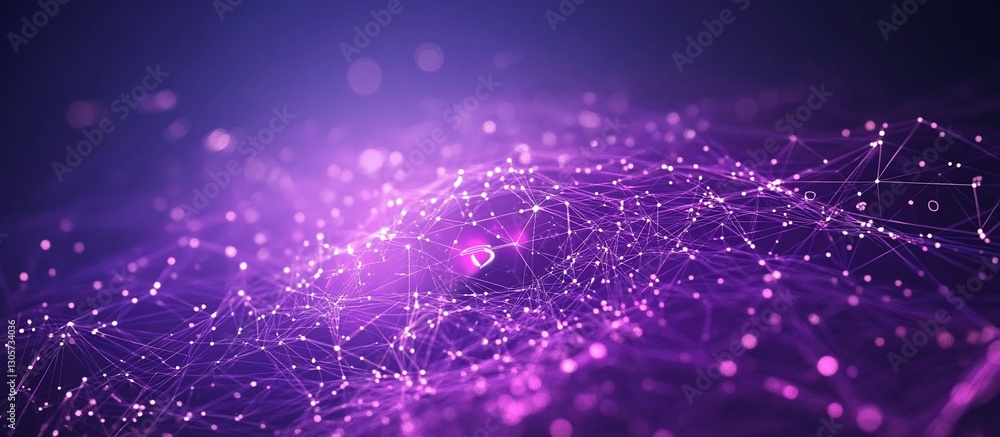 Poster abstract purple network connection, glowing nodes and lines.
