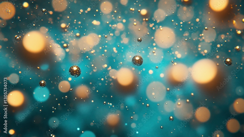 Poster abstract teal and gold bokeh background with floating spheres.