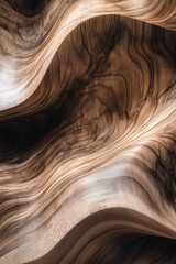 Abstract close-up of sculpted wood with flowing, wavy grain patterns and rich brown tones.