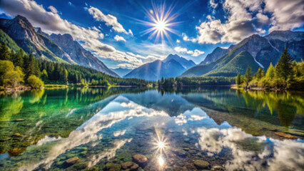 Breathtaking lake reflecting mountains and sky with vibrant colors