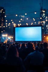 Outdoor cinema at night; crowd watching a blank movie screen under city lights.