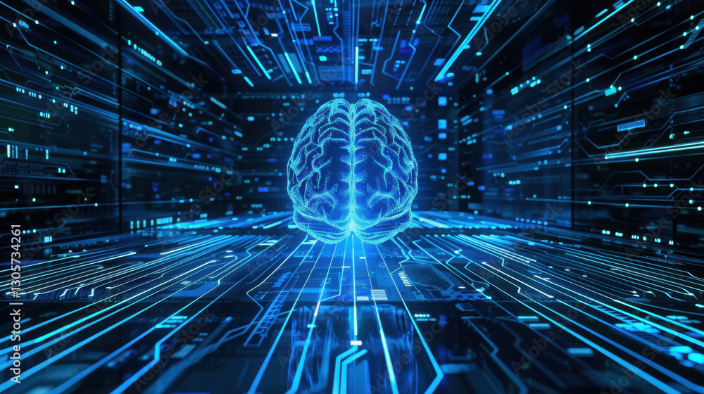 Poster digital brain surrounded by glowing circuits and data streams, symbolizing artificial intelligence a