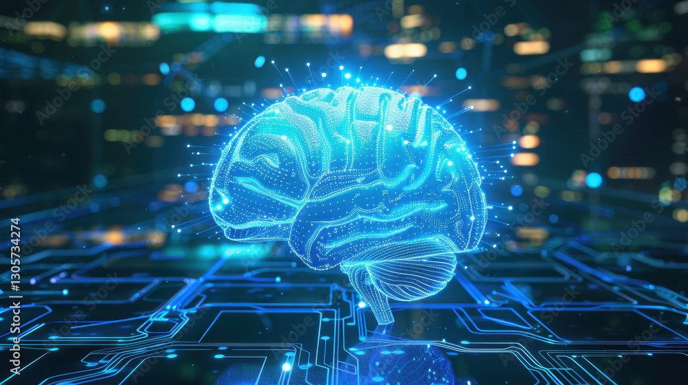 Poster glowing digital brain with circuit patterns, symbolizing technology and intelligence. vibrant blue c