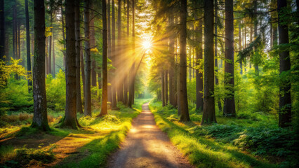 Naklejka premium serene pathway through sunlit forest, surrounded by tall trees and lush greenery