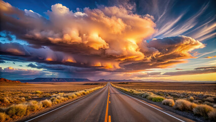 stunning sunset view of road leading to mountains under dramatic clouds