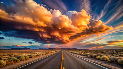 Majestic clouds float over empty road at sunset, creating stunning view