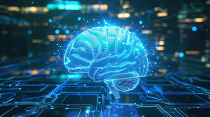 glowing digital brain with circuit patterns, symbolizing technology and intelligence. vibrant blue colors create futuristic atmosphere