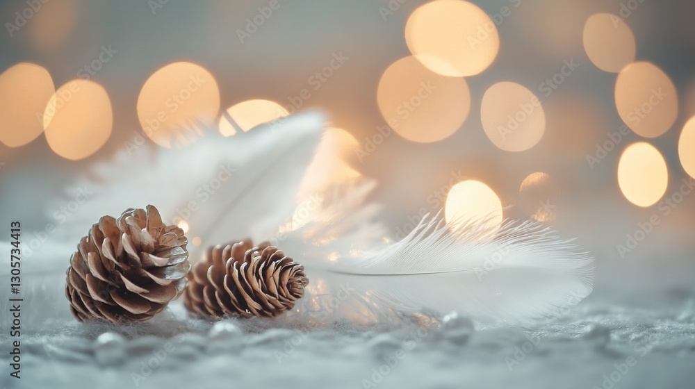 Poster two pine cones and white feathers on a light background with bokeh lights.