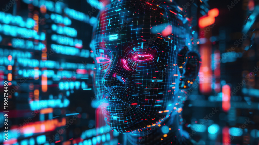 Poster futuristic digital face with glowing grid patterns and vibrant colors, representing artificial intel
