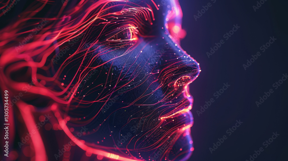 Poster digital representation of human face with glowing lines and patterns, showcasing futuristic and abst