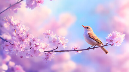 Fototapeta premium Small bird perching and singing on a cherry tree branch full of pink flowers in spring with blue sky in the background