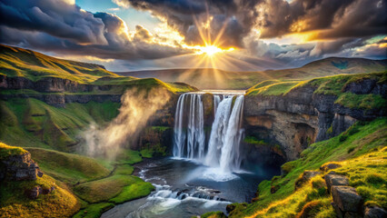 Majestic waterfall cascading down cliffs with vibrant sunset glow